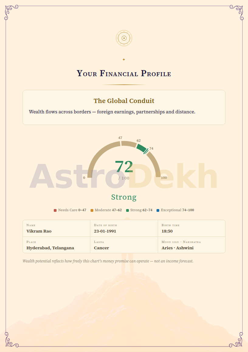 A page from a sample Dhan Report: the financial profile and money score, built for a fictional birth